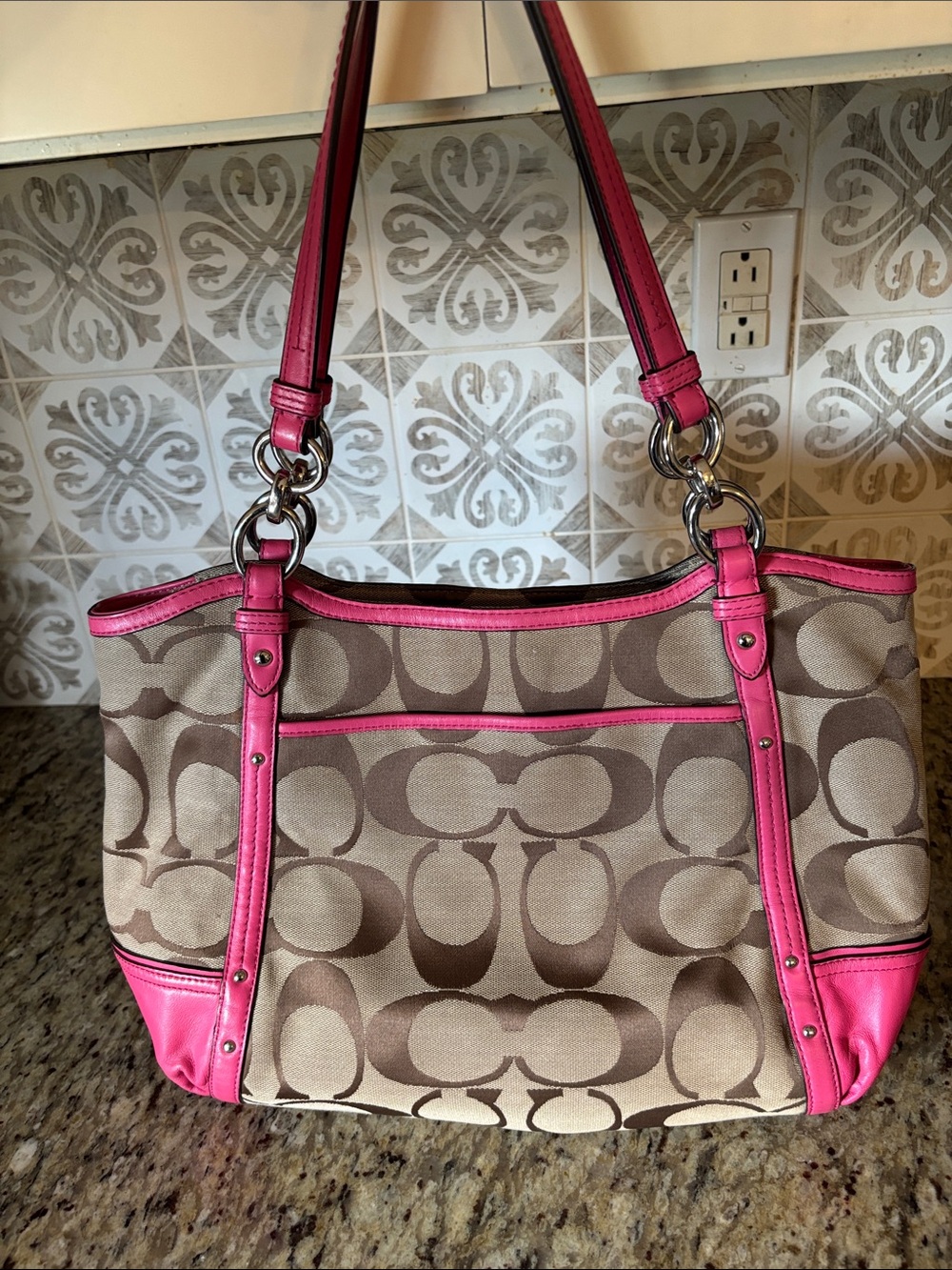 Coach Beige Signature Canvas Tote with Pink Trim